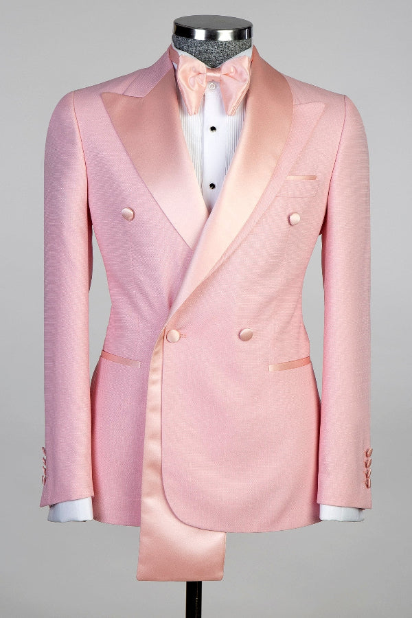 Pink Double Breasted Slim Fit Prom Suit with Special Collar