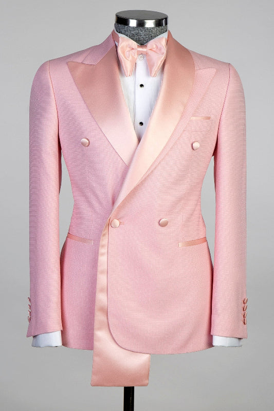 Pink Double Breasted Slim Fit Prom Suit with Special Collar