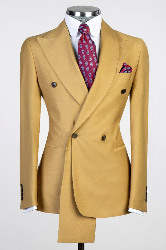 Gold Brown Double Breasted Slim Fit Prom Suit with Special Collar