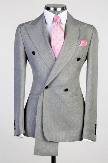 Gray Double Breasted Slim Fit Prom Suit with Special Collar