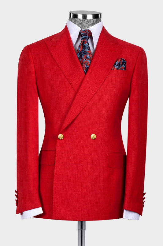 Hot Red Double Breasted Prom Men Suits with Gold Button