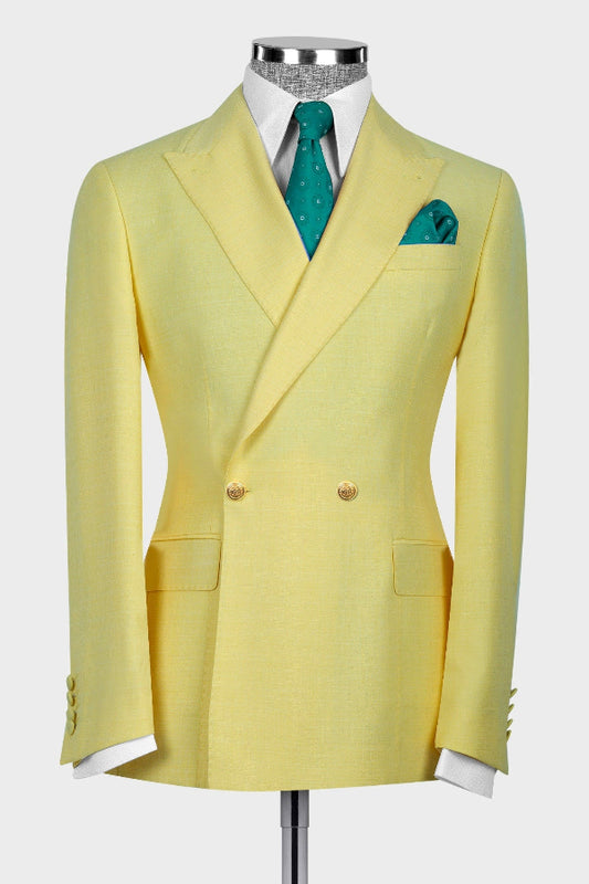 Yellow Double Breasted Prom Men Suits with Gold Button