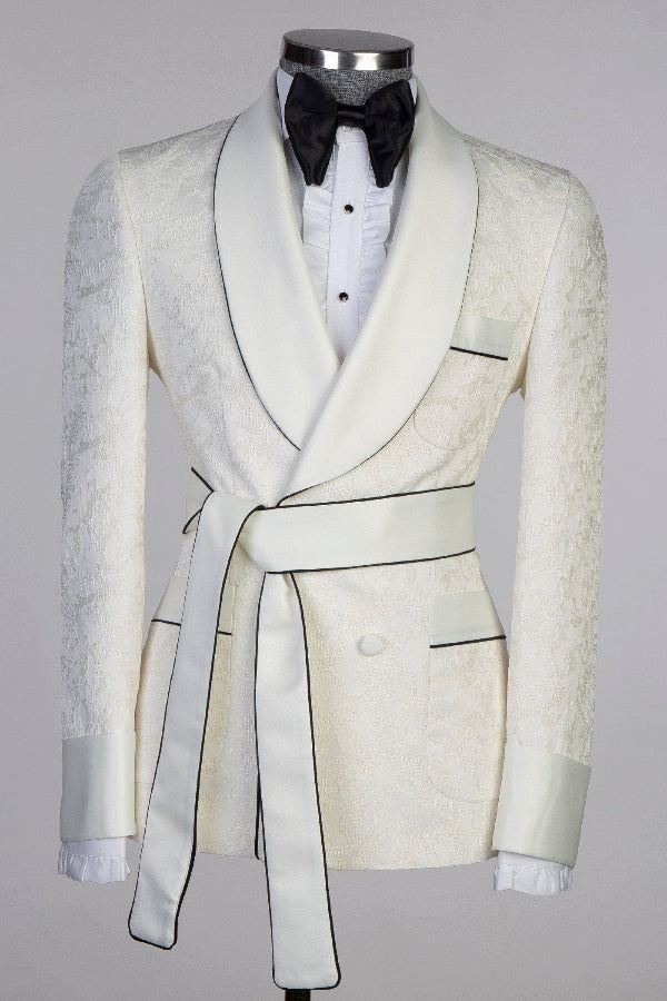 Off White Jacquard Shawl Lapel Wedding Groom Suit with Belt