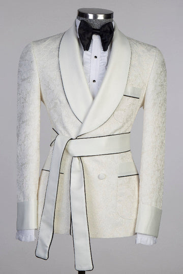 Off White Jacquard Shawl Lapel Wedding Groom Suit with Belt