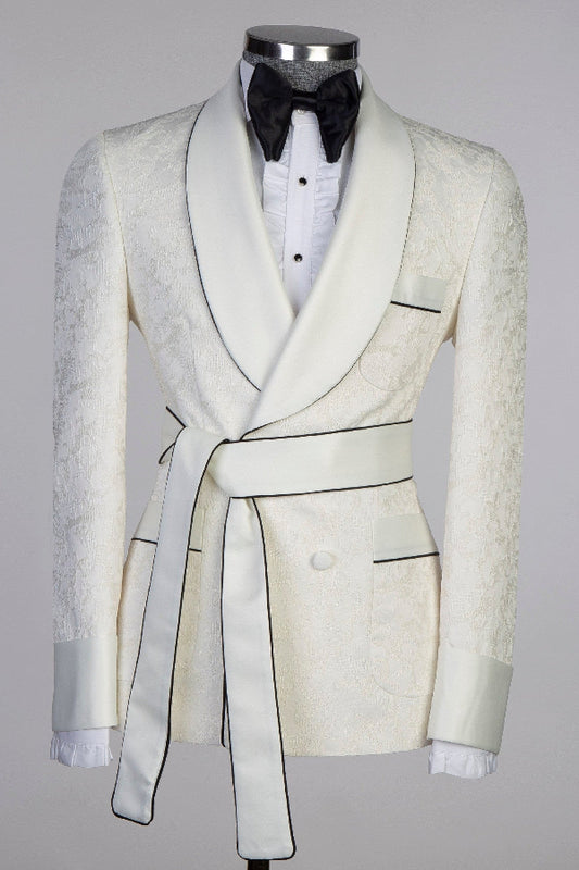 Off White Jacquard Shawl Lapel Wedding Groom Suit with Belt