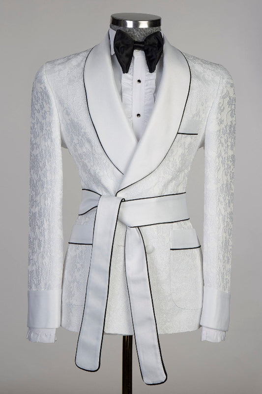 Chic White Jacquard Shawl Lapel Wedding Groom Suit with Belt