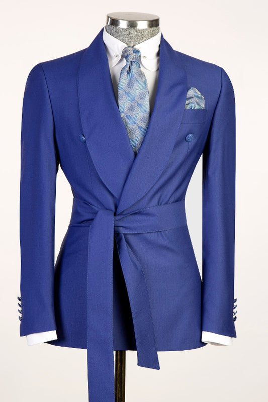 Navy Blue Shawl Lapel Double Breasted Prom Suits with Belt
