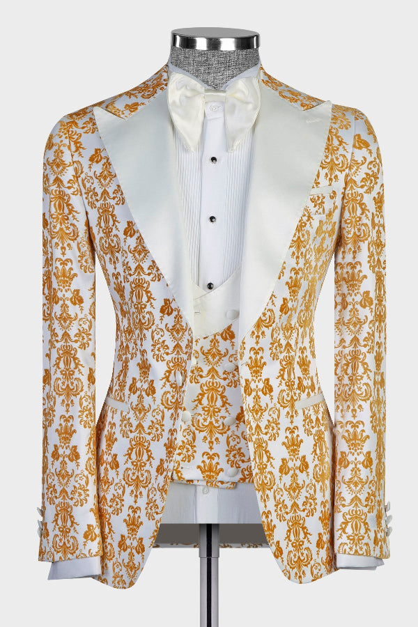 White and Gold Jacquard 3 Piece Prom Men Suits