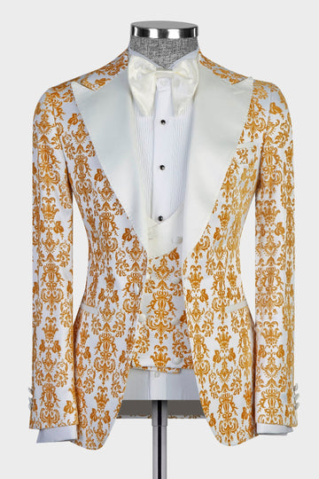 White and Gold Jacquard 3 Piece Prom Men Suits