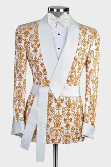 White and Gold Jacquard Double Breasted Men Suit