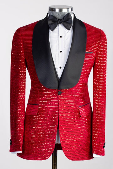 Hot Red 3-Pieces Sequins Slim Fit Prom Suits