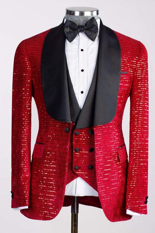 Hot Red 3-Pieces Sequins Slim Fit Prom Suits