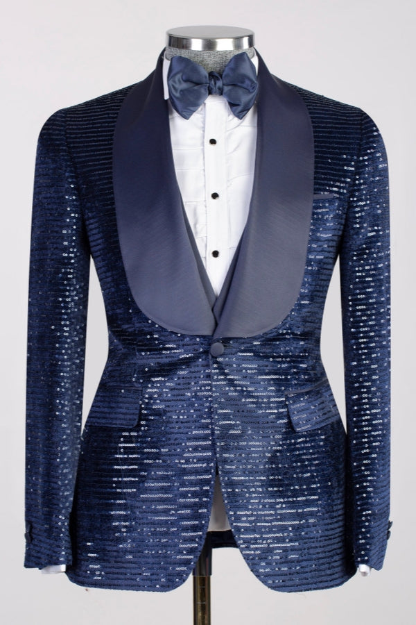 Navy Blue 3-Pieces Sequins Slim Fit Prom Suits