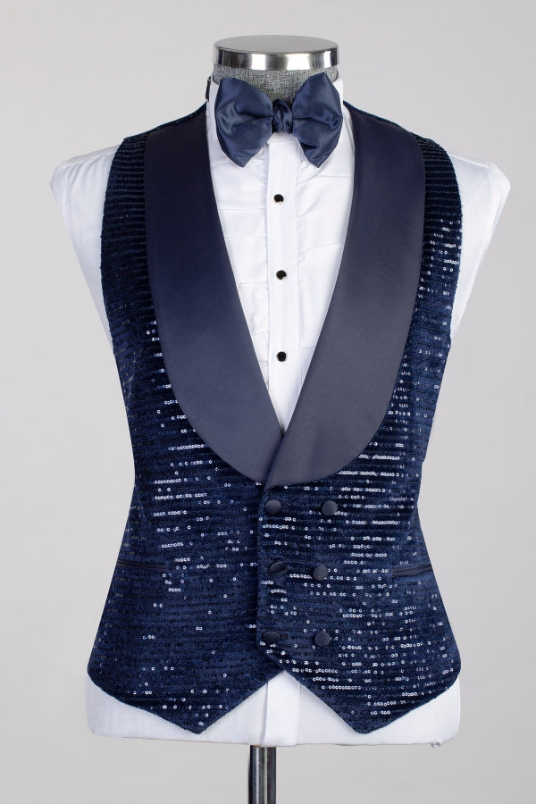 Navy Blue 3-Pieces Sequins Slim Fit Prom Suits