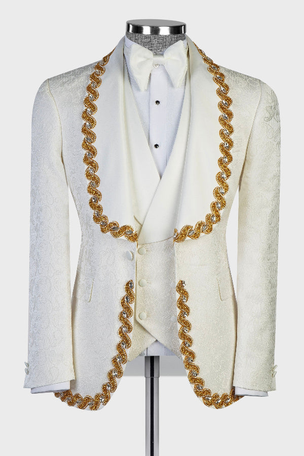 Stylish Ivory Jacquard 3 Pieces Bespoke Wedding Suits with Gold Beadings