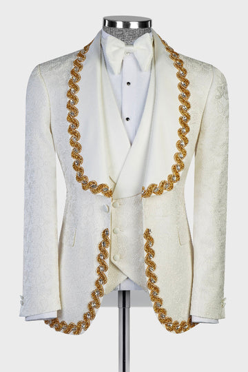 Stylish Ivory Jacquard 3 Pieces Bespoke Wedding Suits with Gold Beadings