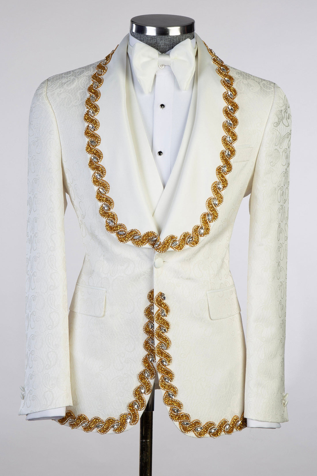 Stylish Ivory Jacquard 3 Pieces Bespoke Wedding Suits with Gold Beadings