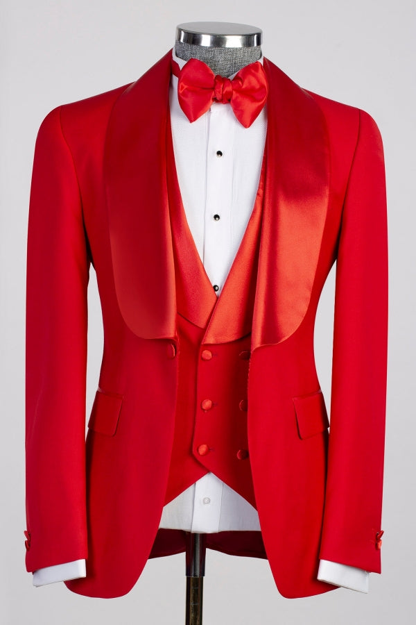Sparkly Red 3-Pieces Bespoke Wedding Suits with Silk Lapel