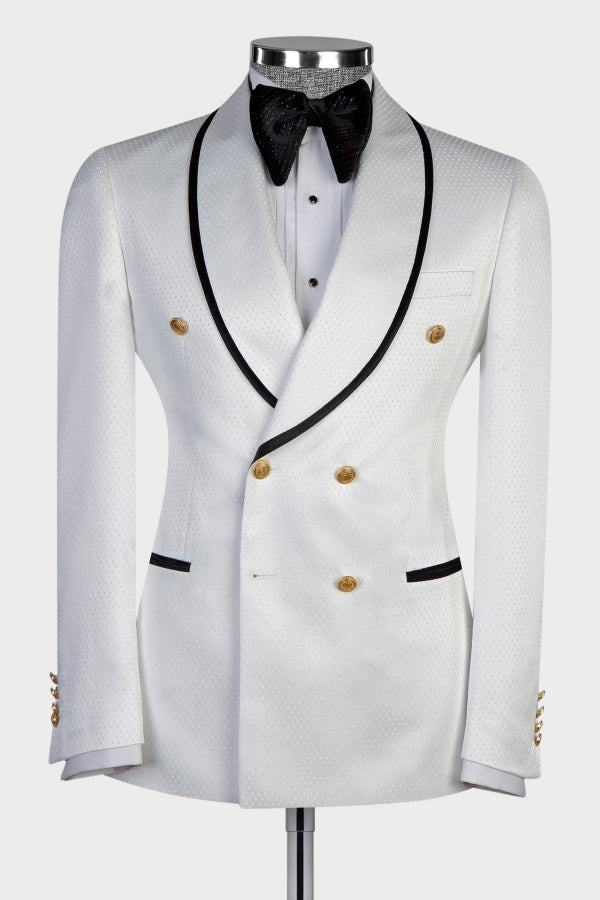 Elegant White Dot Double Breasted Shawl Lapel Wedding Suits
