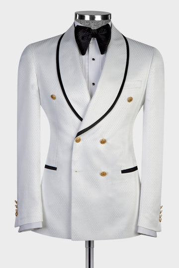 Elegant White Dot Double Breasted Shawl Lapel Wedding Suits