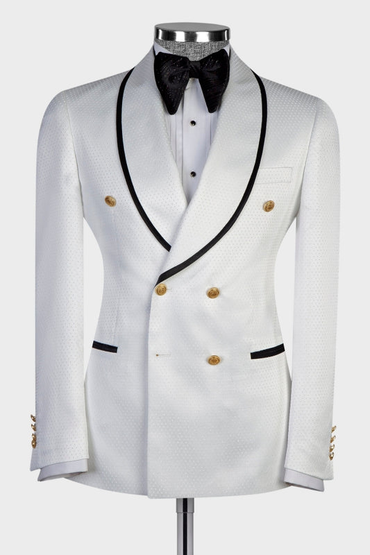 Elegant White Dot Double Breasted Shawl Lapel Wedding Suits