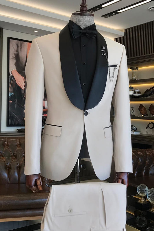 Fashionable Light Khaki Black Lapel Two Piece Men's Prom Wedding Suit