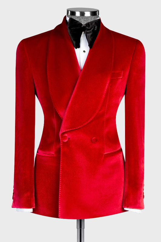 Hot Red Velvet Shawl Lapel Double Breasted Wedding Suit