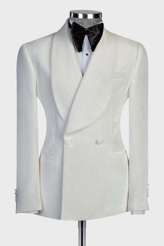 White Velvet Shawl Lapel Double Breasted Wedding Suit