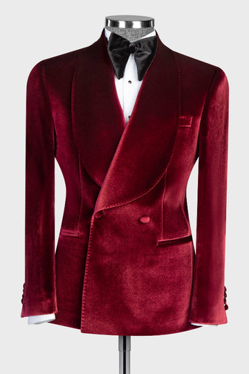 Dark Red Shawl Lapel Double Breasted Wedding Suit