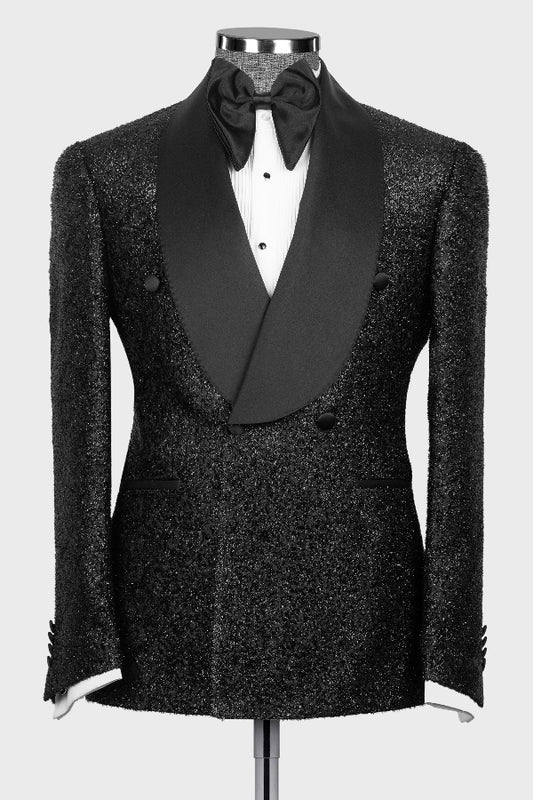 Sparkly Black Slim Fit Double Breasted Wedding Suit