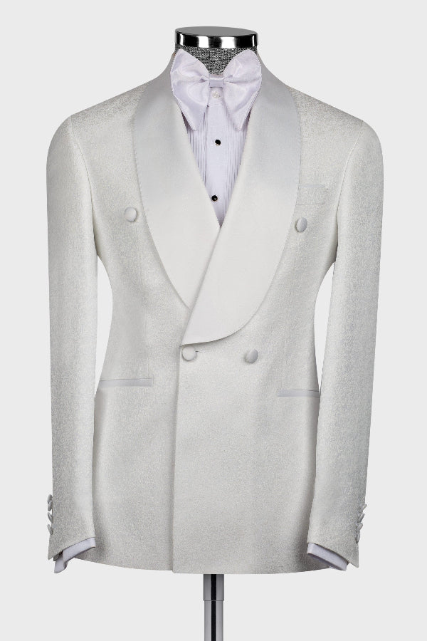 Elegant White Jacquard Double Breasted Big and Tall Wedding Suit