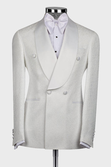 Elegant White Jacquard Double Breasted Big and Tall Wedding Suit