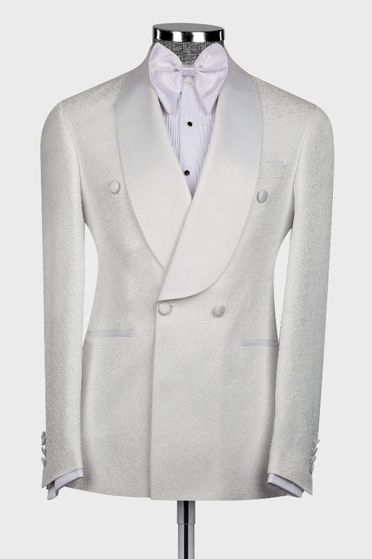 Elegant White Jacquard Double Breasted Big and Tall Wedding Suit