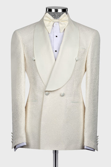 Beige Jacquard Double Breasted Big and Tall Wedding Suit