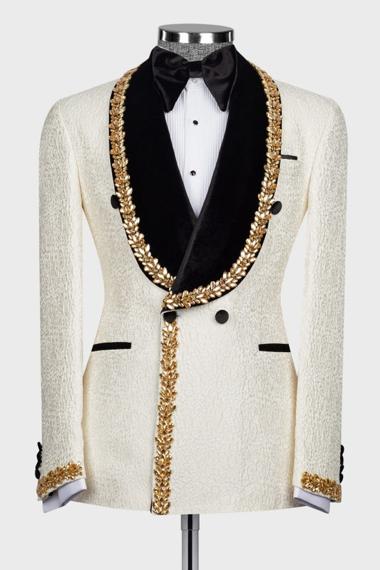 Elegant White Jacquard Double Breasted Wedding Suits with Crystal
