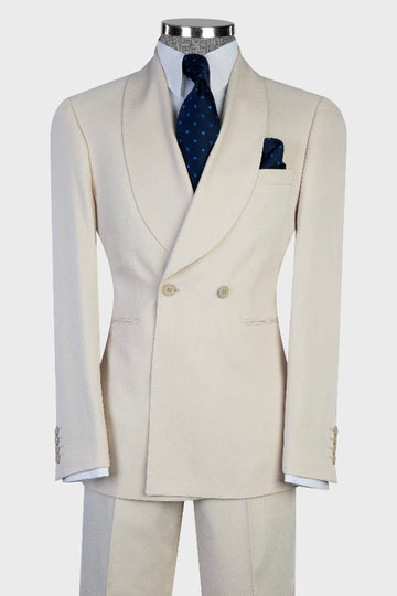 Beige Bespoke Double Breasted Big and Tall Formal Suit
