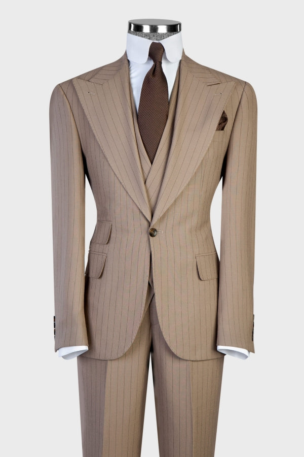 Light Brown Three Pieces Striped Men Suits