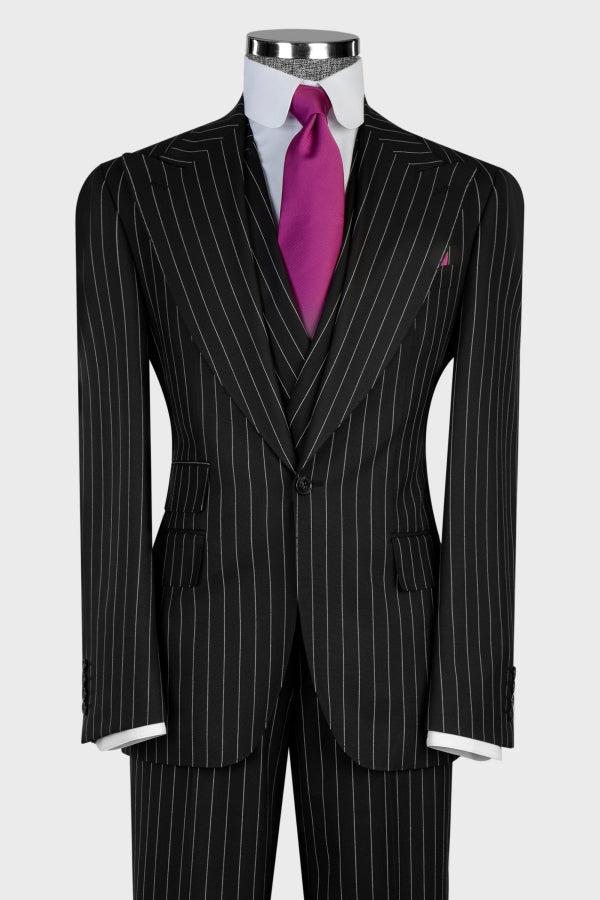Fashion Black Three Pieces Striped Men Suits