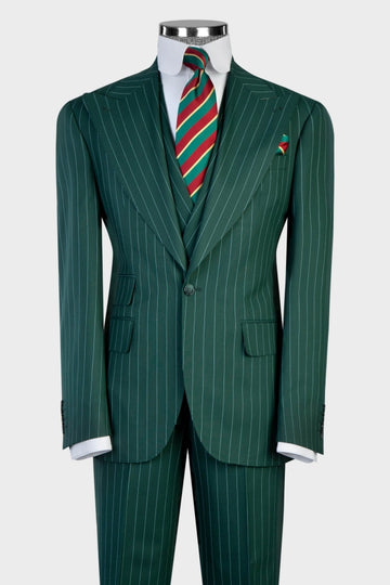 Stylish Green Three Pieces Striped Men Suits