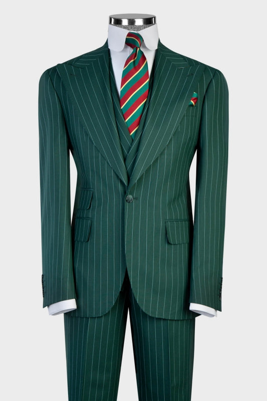 Stylish Green Three Pieces Striped Men Suits