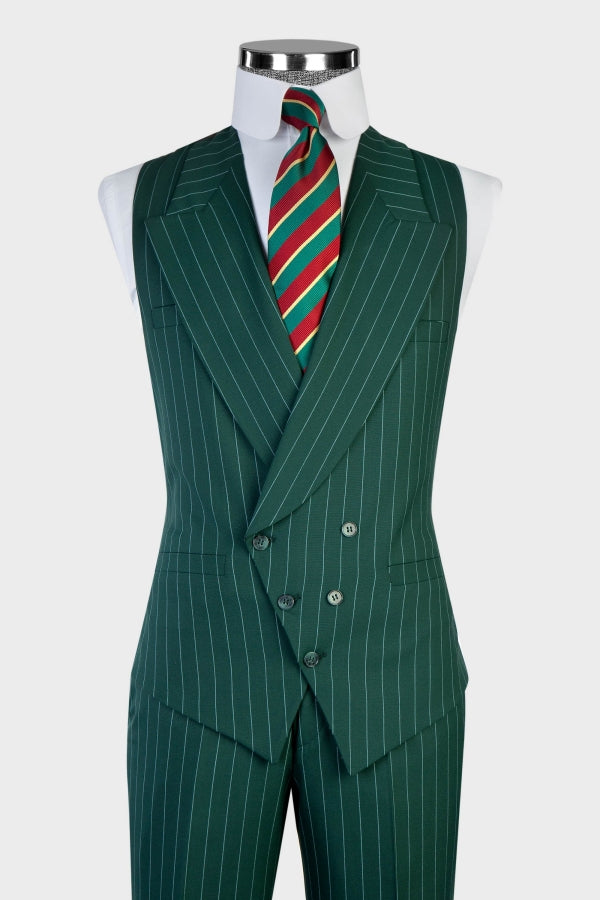 Stylish Green Three Pieces Striped Men Suits