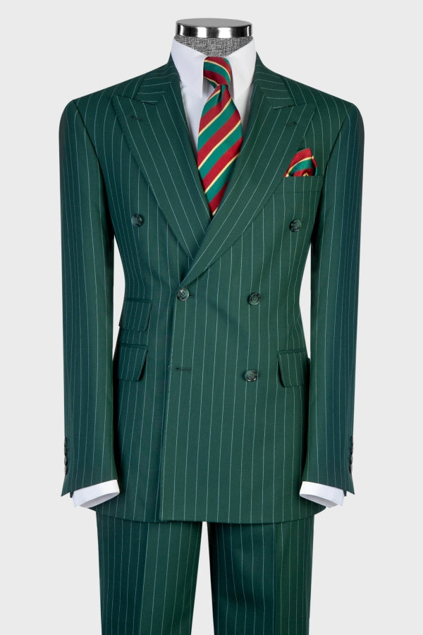 Chic Green Double Breasted Pinstripe Men Suits for Business