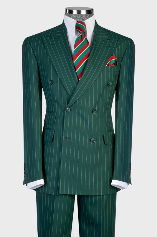 Chic Green Double Breasted Pinstripe Men Suits for Business
