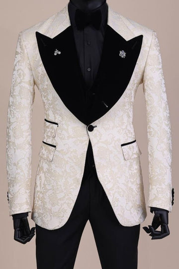 Luxurious Ivory Jacquard Wedding Tuxedo Black Velvet Lapel Prom Suit