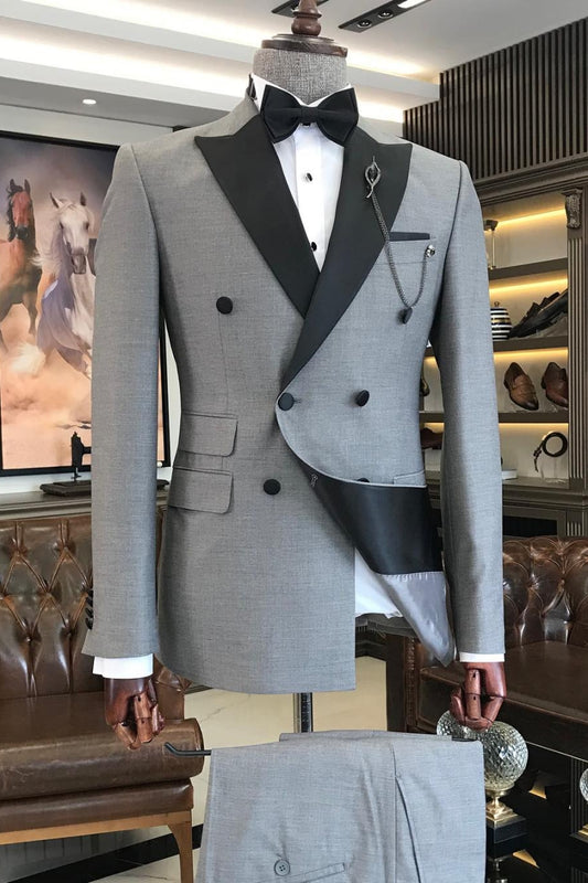Handmade Double Breasted Black Peaked Lapel Gray Wedding Formal Suit