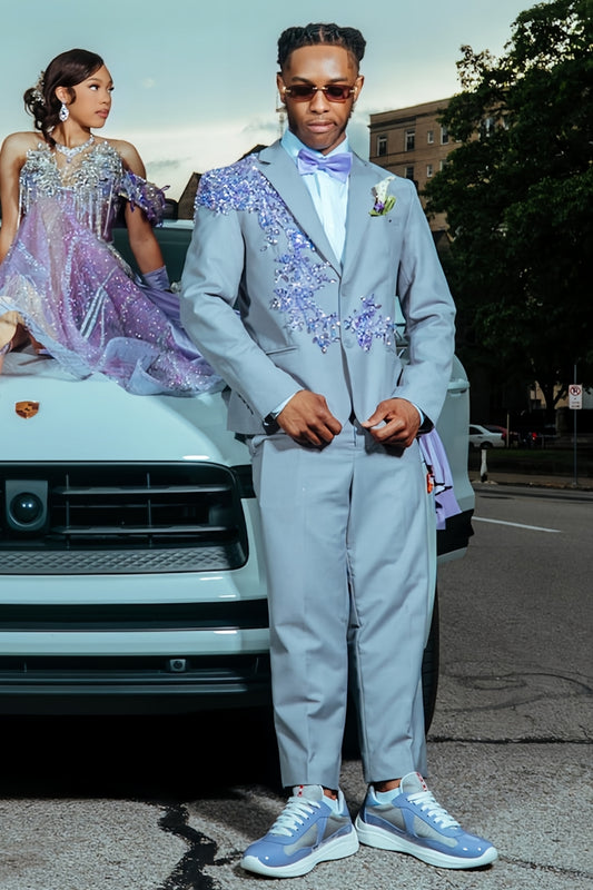 Vintage Gray Men's Prom Suit with Purple Beadings