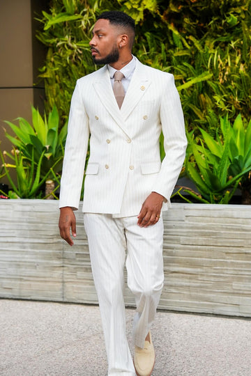 White Double Breasted Striped Bespoke Men Suit for Business