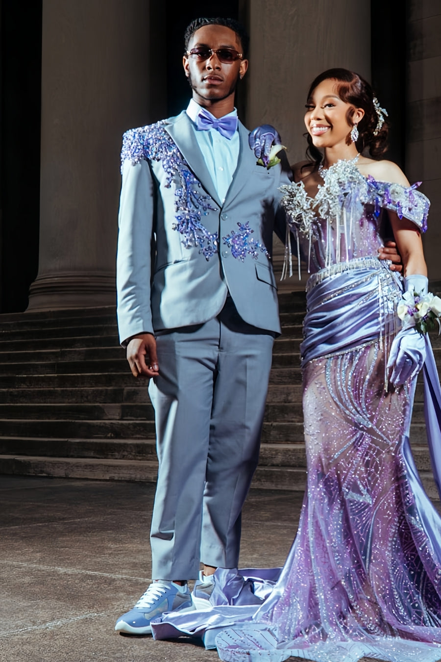 Vintage Gray Men's Prom Suit with Purple Beadings