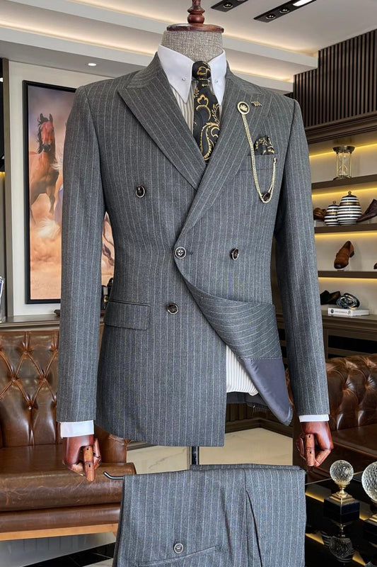 Daily Fashion Gray Pinstripe Double Breasted Men's Business Suit