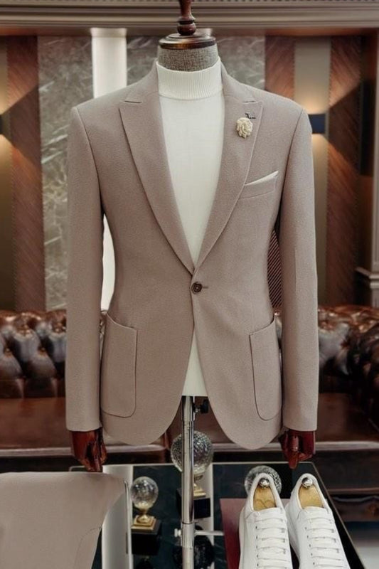 Casual Nude Pink Patch Pockets One Button Men's Stylish Prom Suit